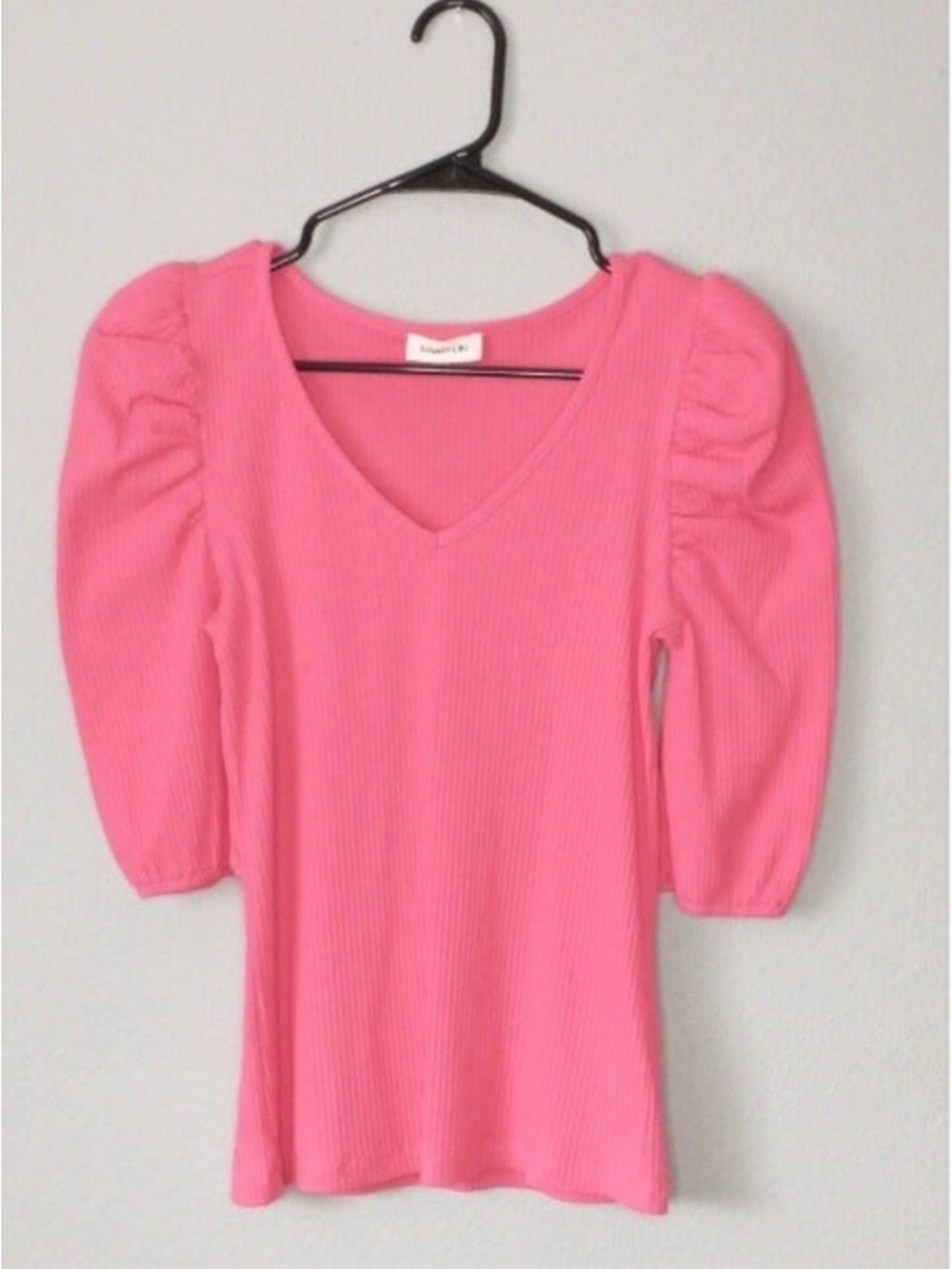 Sugar + Lips Pink Ribbed Puff Sleeve V-Neck Top Women’s XS Cottagecore
